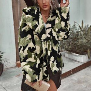 Multicolor Green Camo Print Teddy Coat